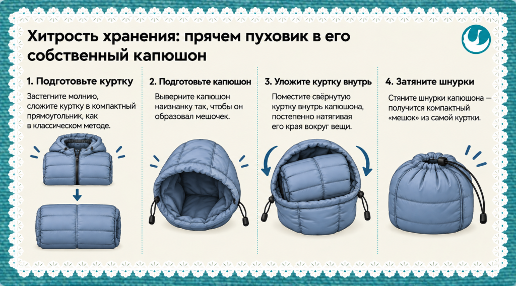 Хитрость хранения прячем пуховик в его собственный капюшон.png